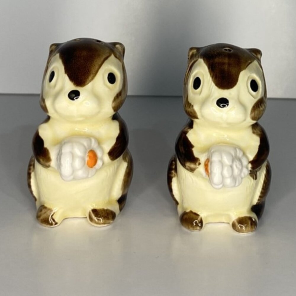 Cute Chipmunks Holding Flower Salt & Pepper Shakers